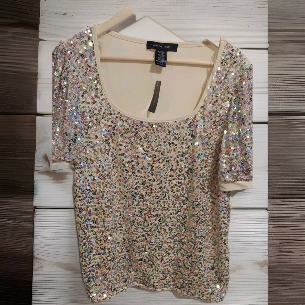 Ashley Stewart Cream Sequin Short Sleeves Top Choose Size 14/16 Blouse Plus